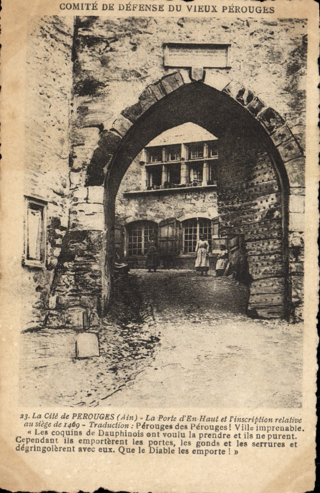 VINTAGE POSTCARD Perouges the Gate of In Top and the inscription relating to the seat of 1469