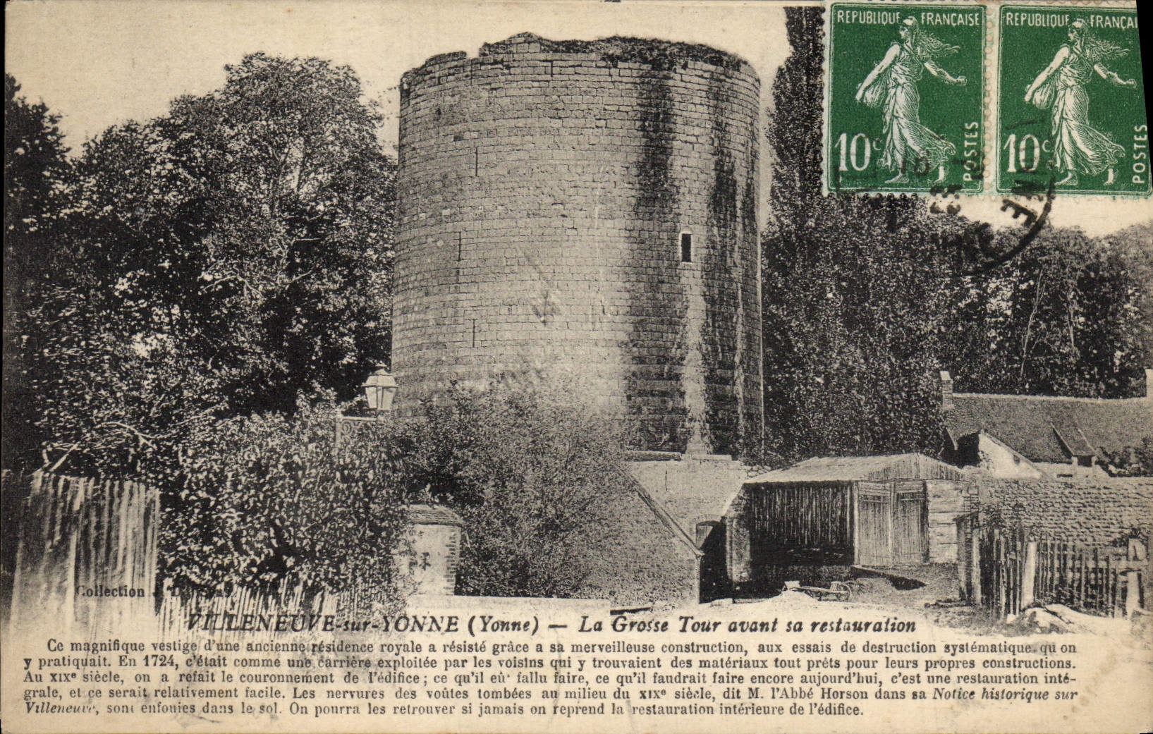 POSTAL Villeneuve de la VENDIMIA en Yonne la torre gruesa antes de su restauración