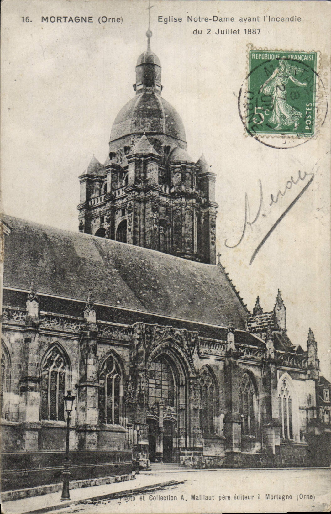 VINTAGE POSTCARD Mortagne Notre Dame Church before the fire