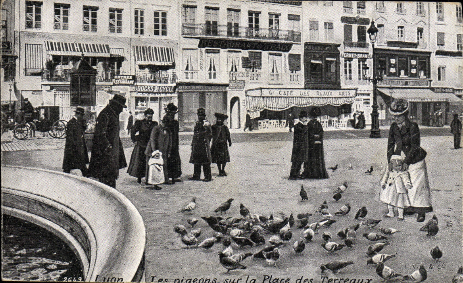 Palomas de Lyon de la POSTAL de la VENDIMIA en el lugar de los estiércoles vegetales