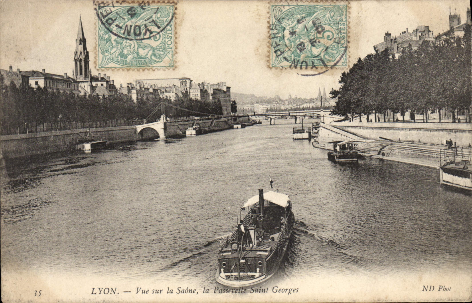 POSTAL Lyon de la VENDIMIA vista en el Saone el barco de Jorte de la pasarela Saint