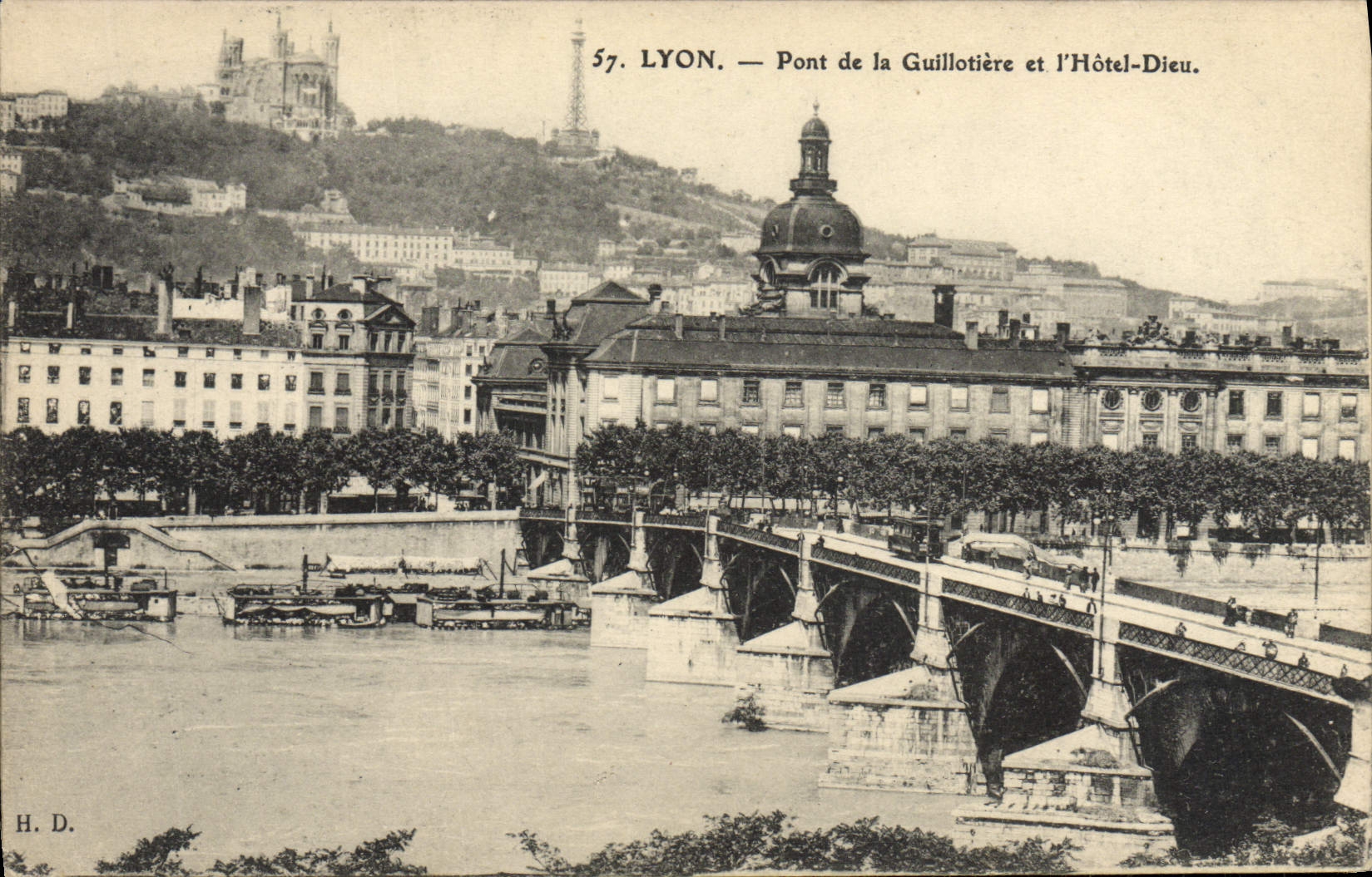 Puente de Lyon de la POSTAL de la VENDIMIA de Guillotiere y de dios del hotel