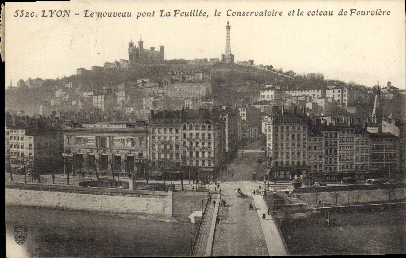 VINTAGE POSTCARD Lyon the New Bridge Feuillee the Academy and the slope of Fourviere