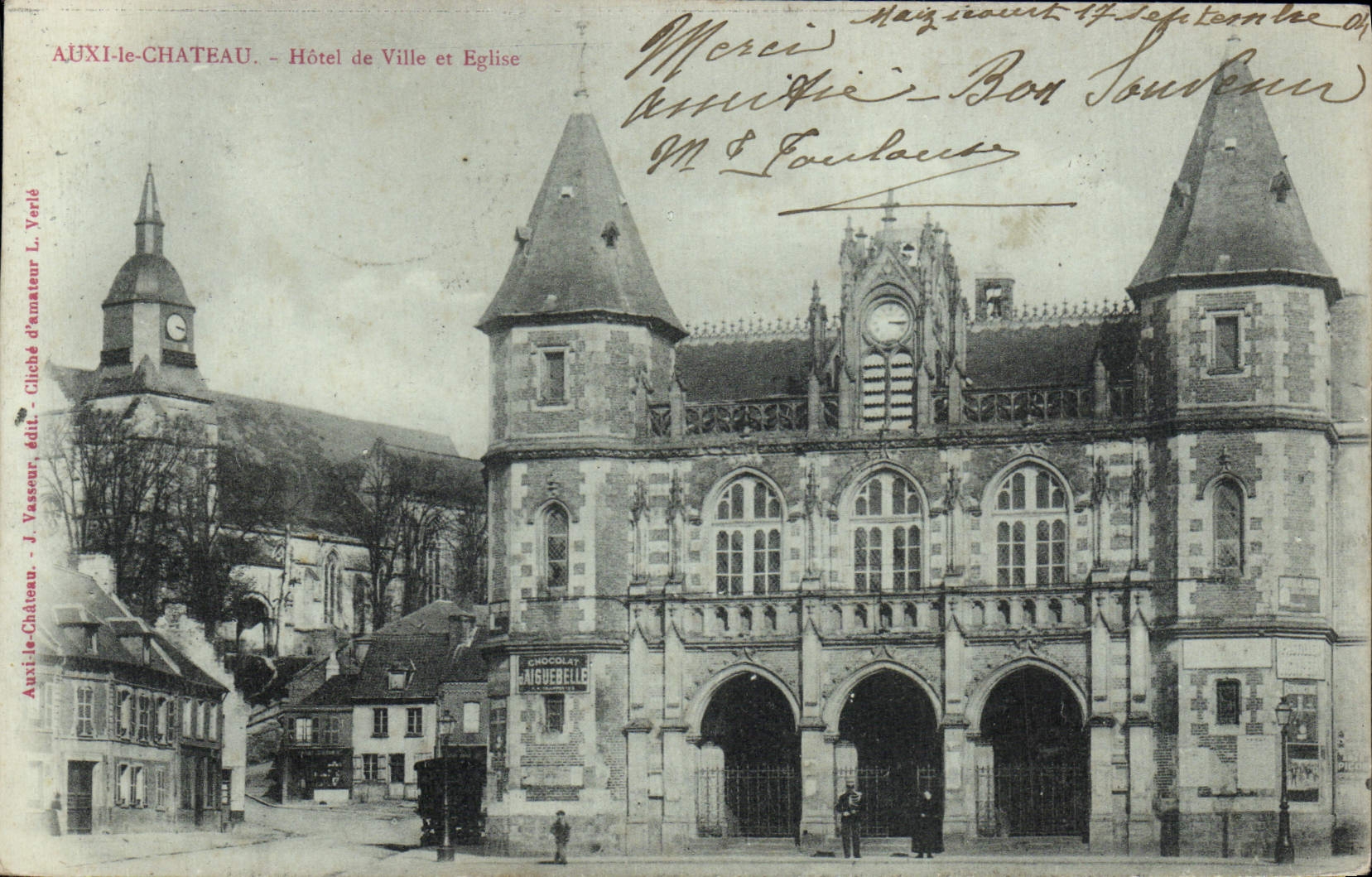 VINTAGE POSTCARD Auxi the Castle Town hall and Church