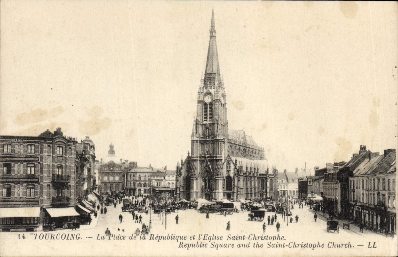 VINTAGE POSTCARD Tourcoing the Place of the Republic and the Church Saint Christophe
