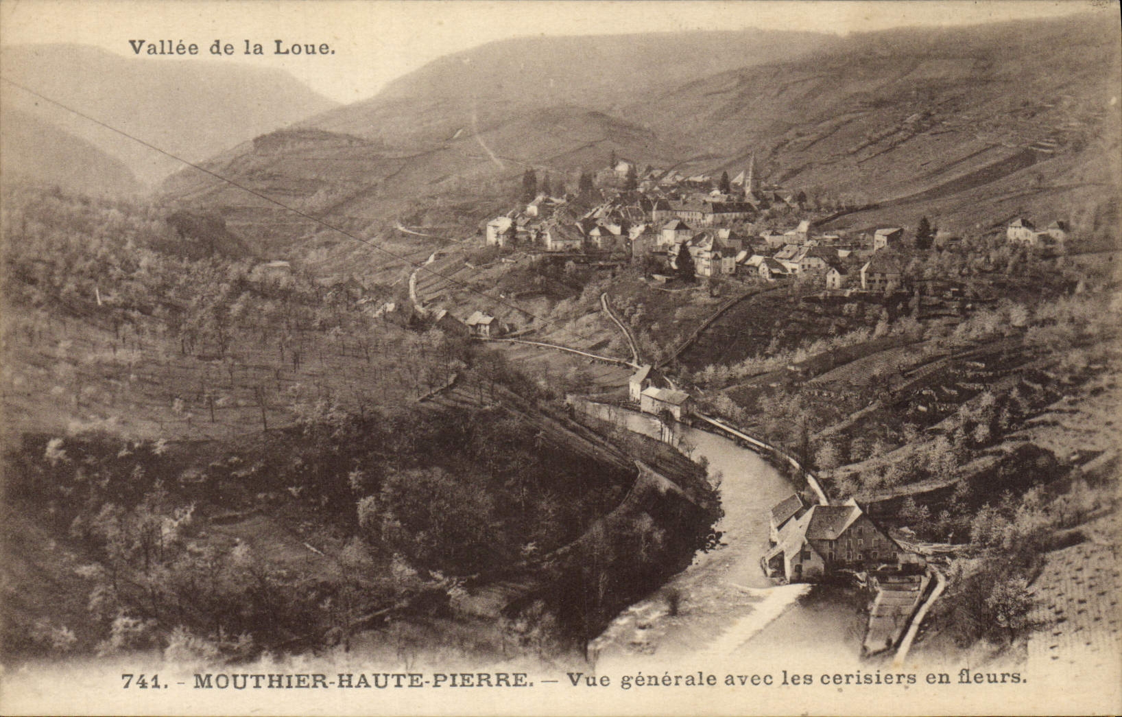 VINTAGE POSTCARD Mouthier High Pierre View with the cherry trees in flowers