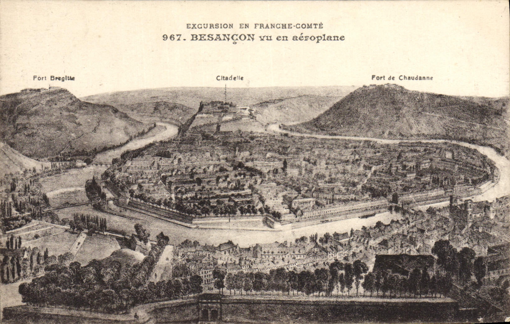 VINTAGE POSTCARD Besancon seen in the airplane