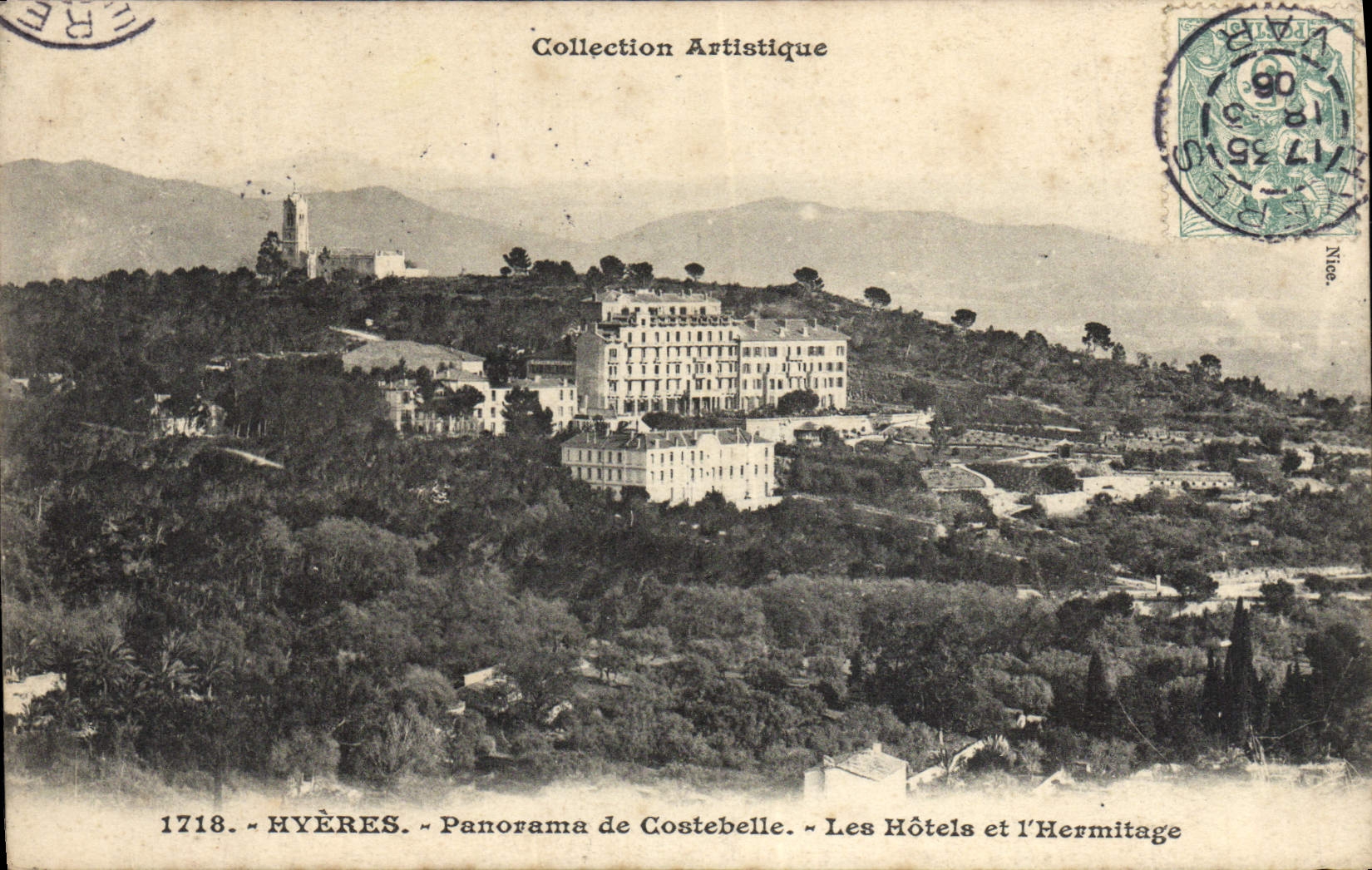 Panorama de Hyeres de la POSTAL de la VENDIMIA de los hoteles de Costebelle y de la ermita