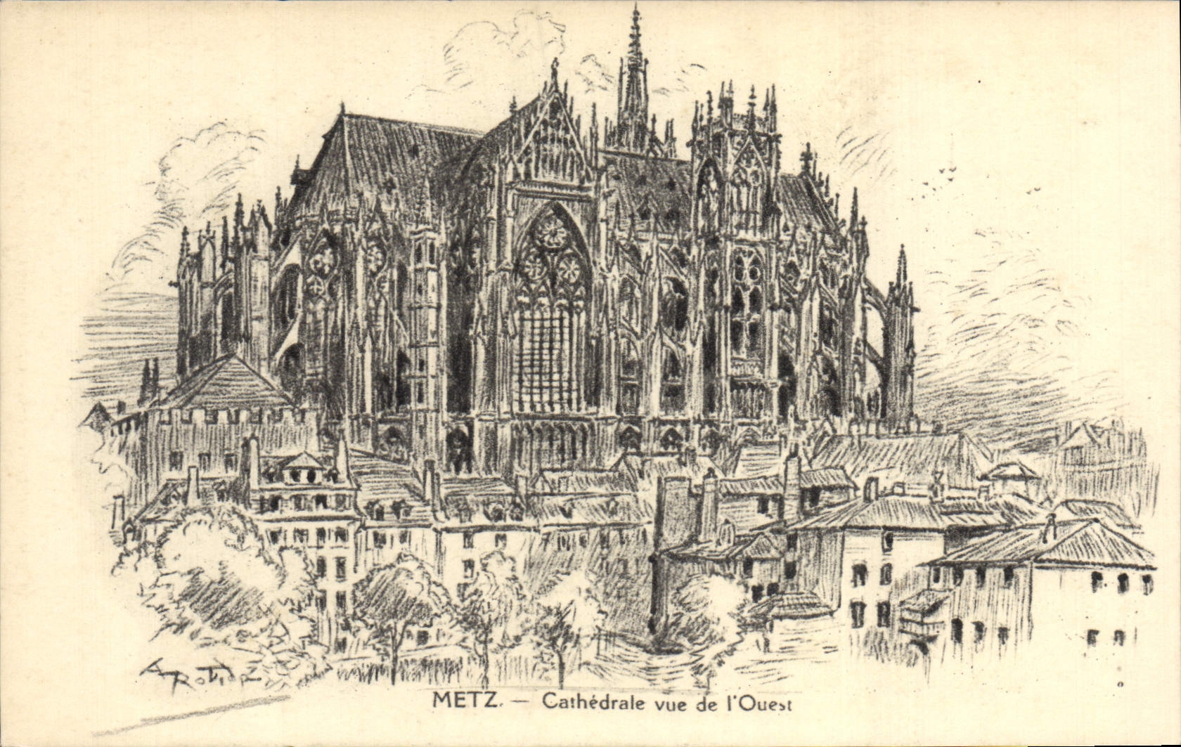 Catedral de Metz de la POSTAL de la VENDIMIA vista del oeste