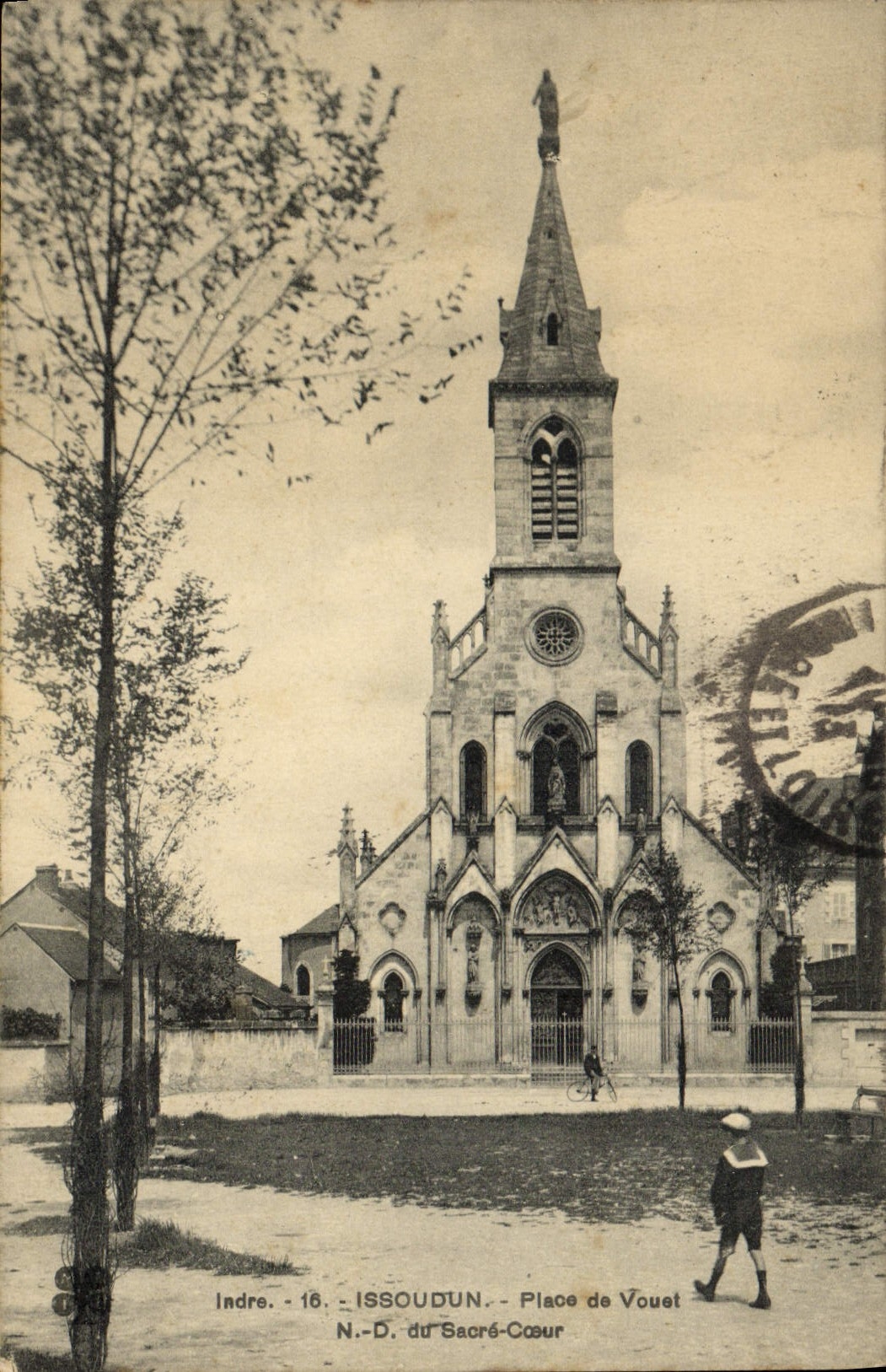 VINTAGE POSTCARD Issoudun Places De Vouet ND of the Sacring Heart