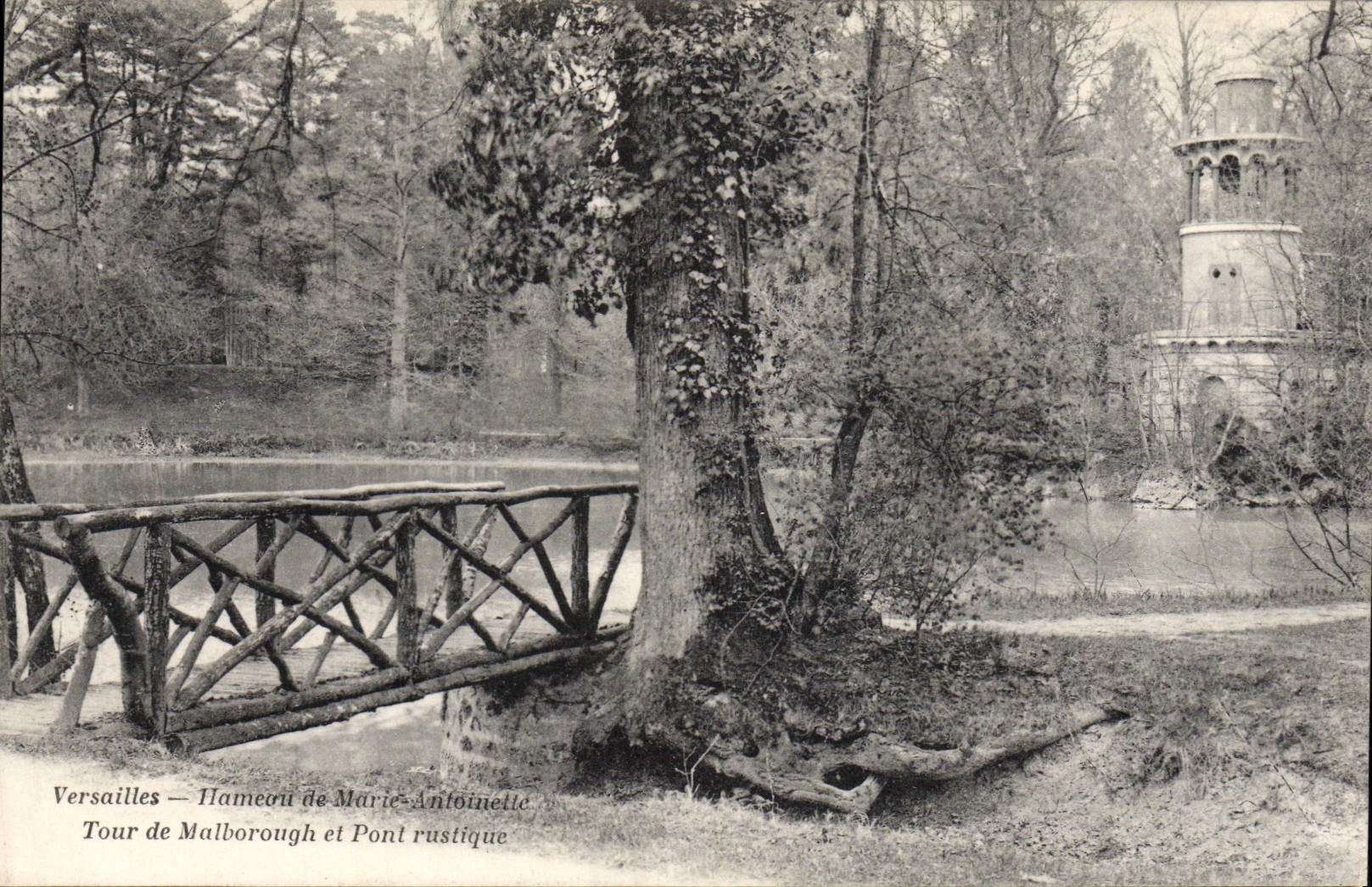 VINTAGE POSTCARD Versailles Hamlet of Marie Antoinette Tour of Malborough and rustic bridge
