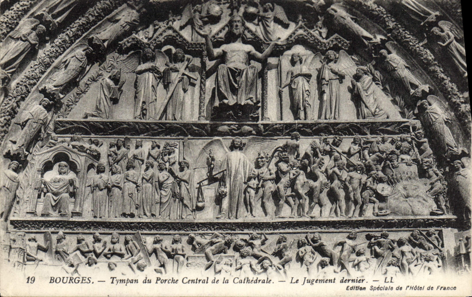 POSTAL Bourges Tympen de la VENDIMIA del pórtico central de la catedral el juicio pasado