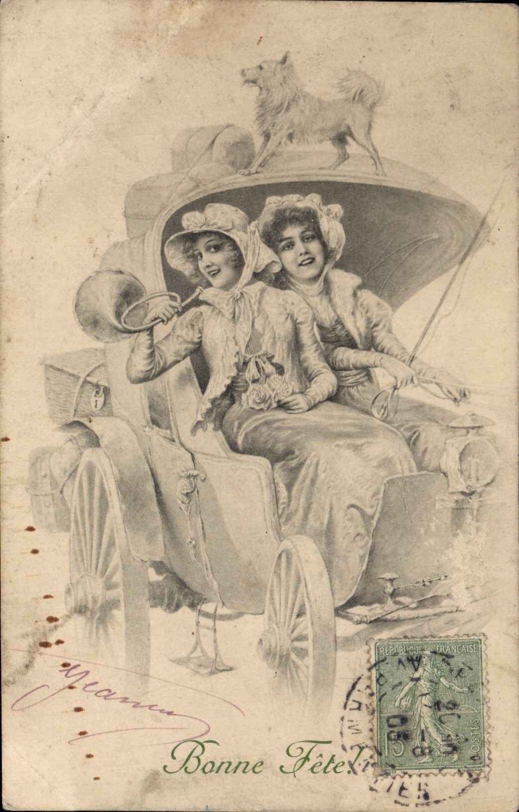 VINTAGE POSTCARD Fantasy Women Car Dog