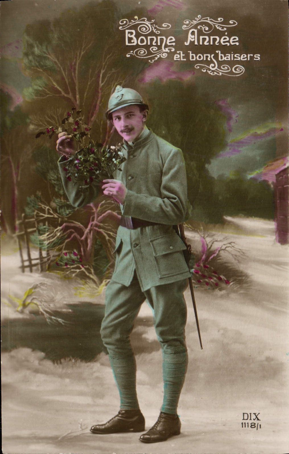 Soldado de Militaria del hombre de la fantasía de la POSTAL de la VENDIMIA Felices fiestas