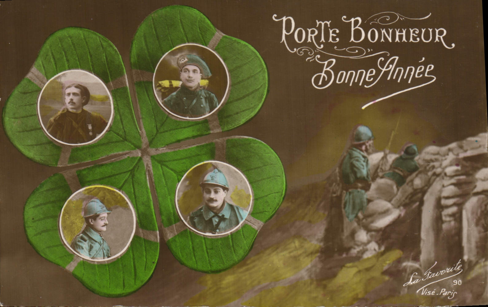 El soldado distinto Militaria Trefle del hombre de Fantaisie de la POSTAL de la VENDIMIA lleva felicidad Felices fiestas