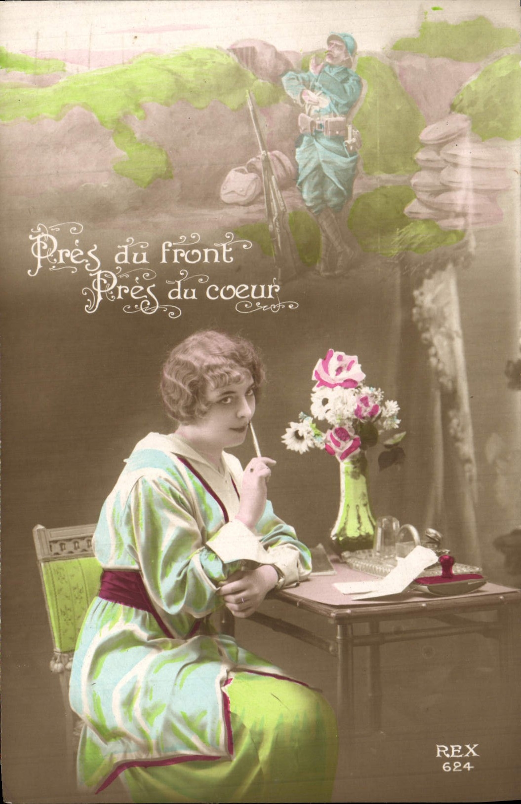 VINTAGE POSTCARD Fantasy Woman Close to the Face Close to the Heart Militaria Soldier