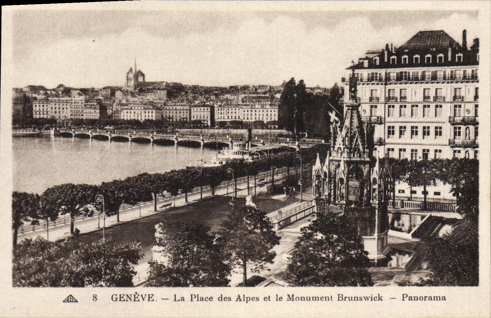VINTAGE POSTCARD Geneva the Place of the Alps and the Monument Brunswick Panorama