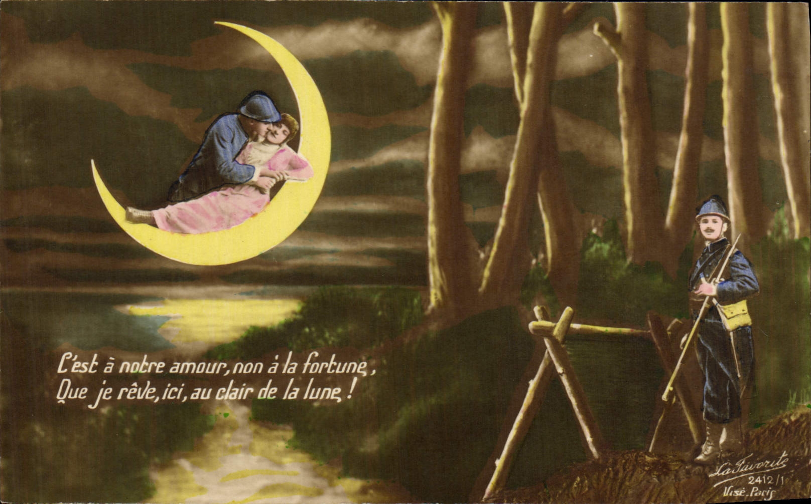 VINTAGE POSTCARD Fantasy Woman Soldier Militaria the Moon