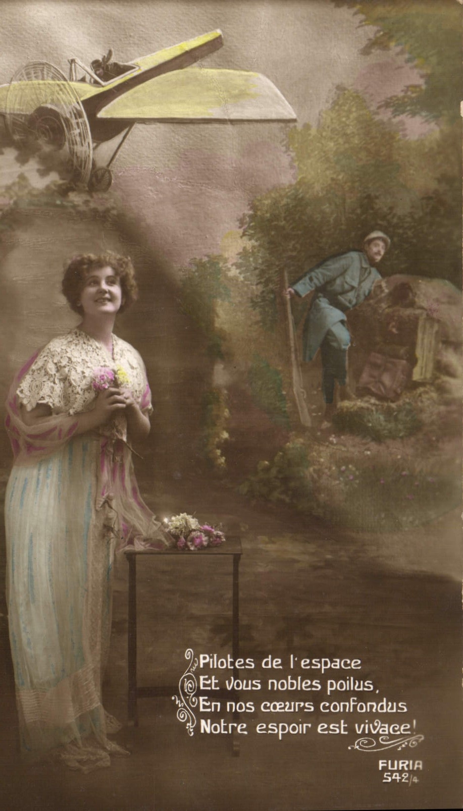 VINTAGE POSTCARD Fantasy Woman Soldier Militaria Plane