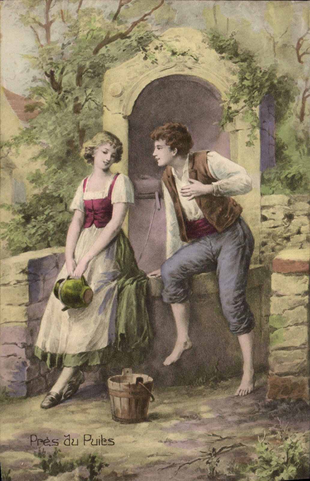 VINTAGE POSTCARD Fantasy Woman Close to the well