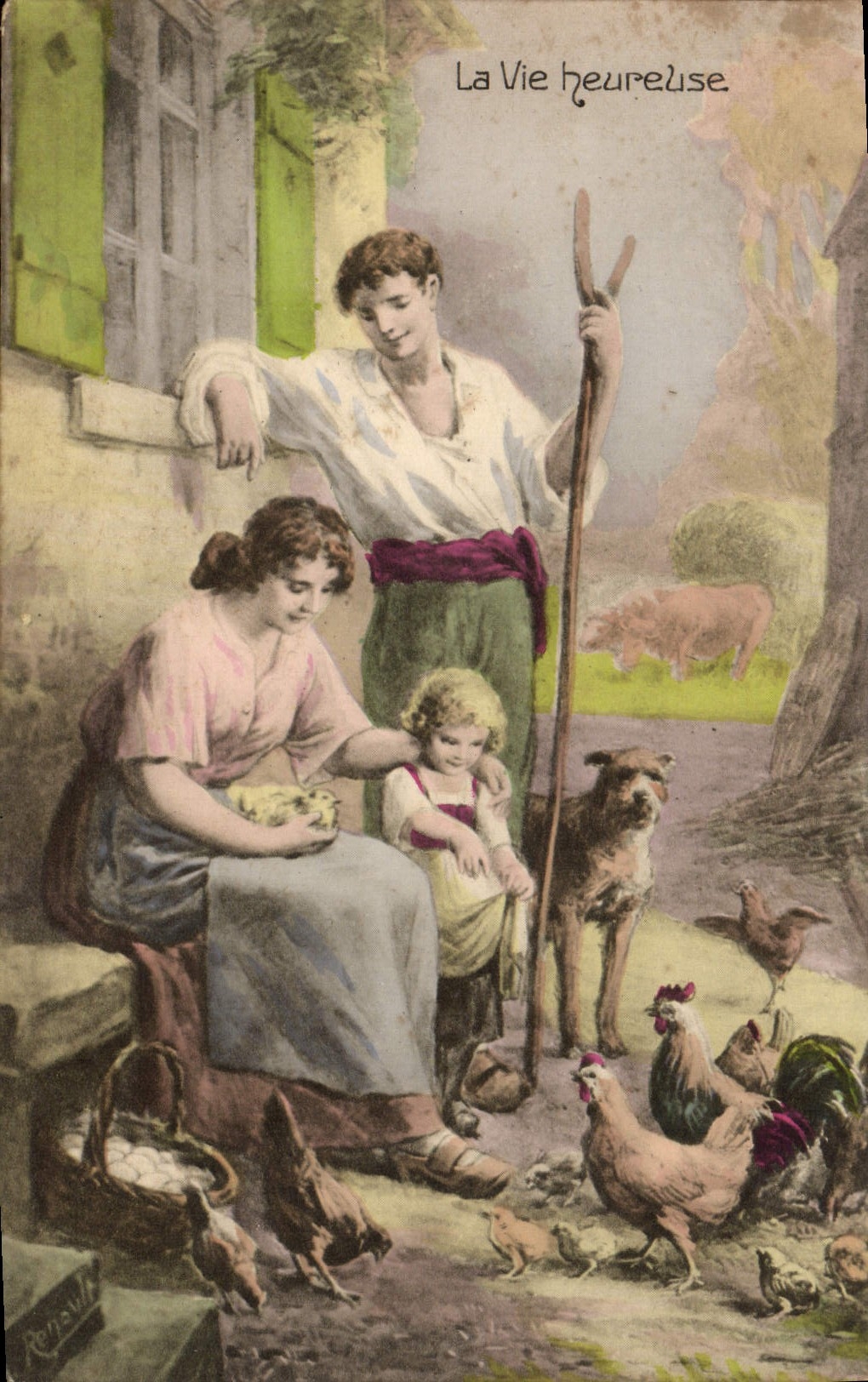 VINTAGE POSTCARD Fantasy Woman happy life Hens Firm Dog