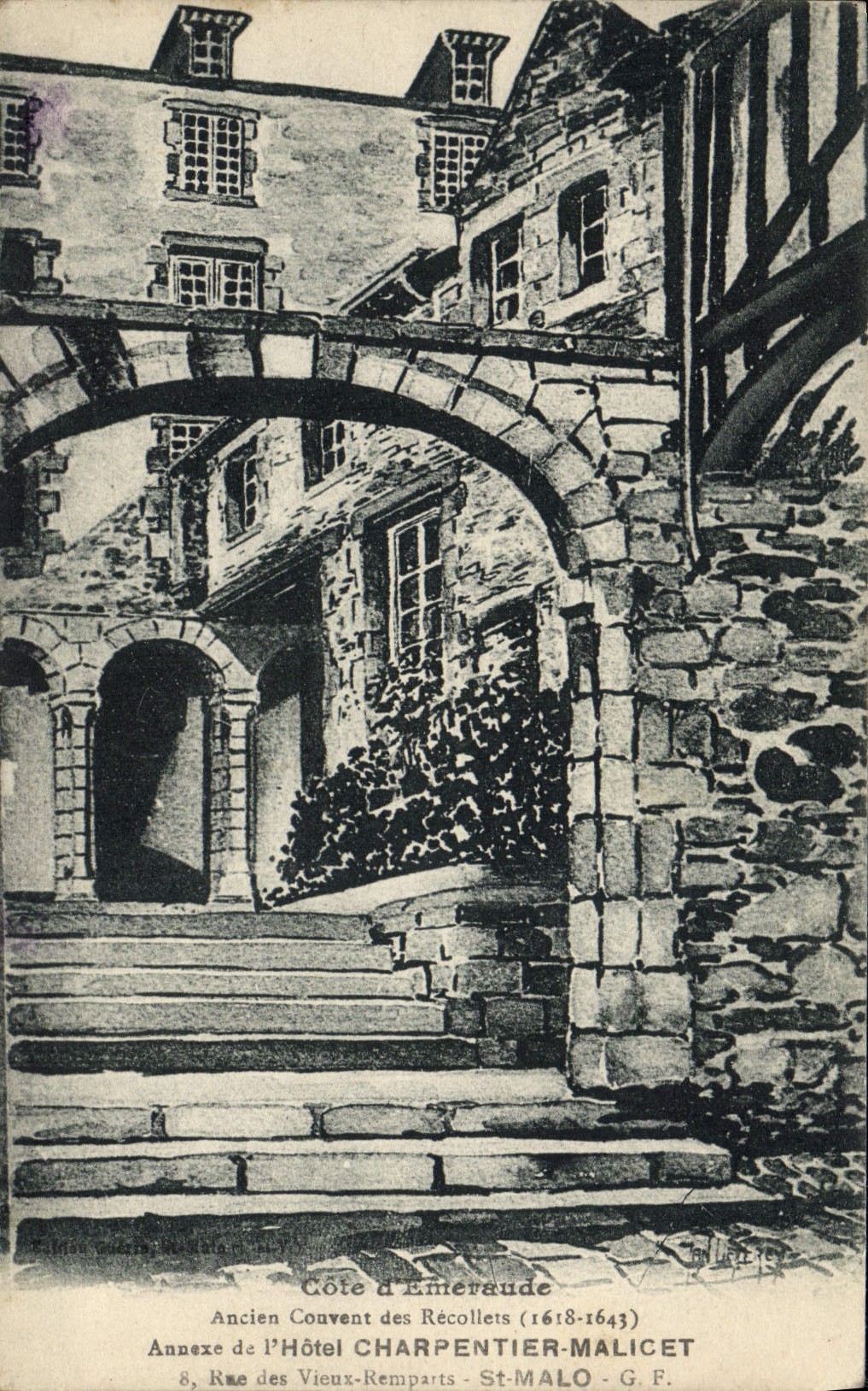VINTAGE POSTCARD Ancien convent of REcollets Annexes hotel Charpentier Malicet Rue of the Old rampart St Malo
