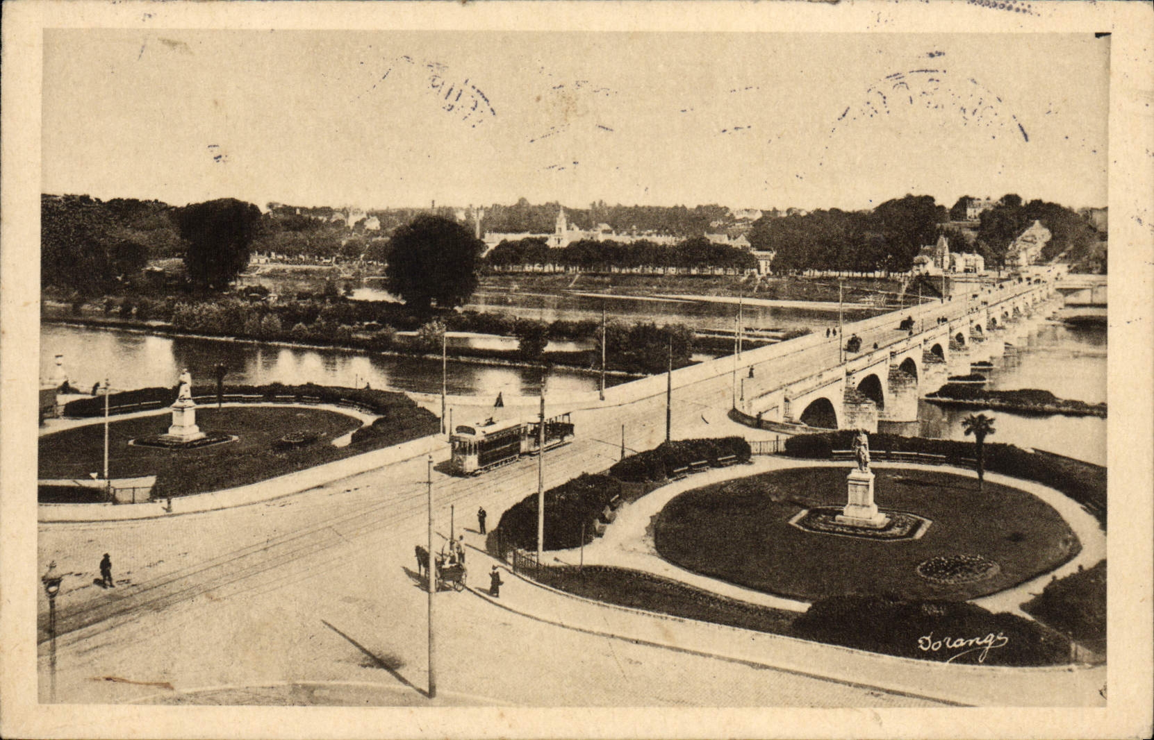 VINTAGE POSTCARD Tours the Public gardens Rabelais and Descartes and the bridge on the Loire