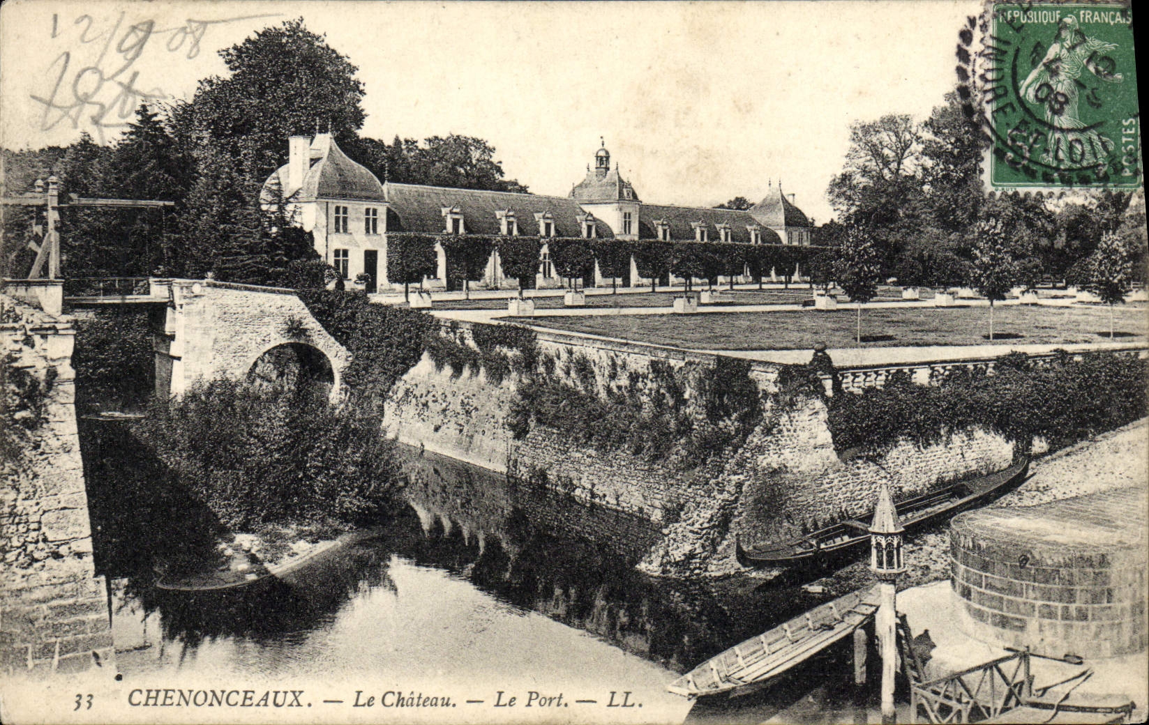 POSTAL Chenonceaux de la VENDIMIA el castillo el puerto