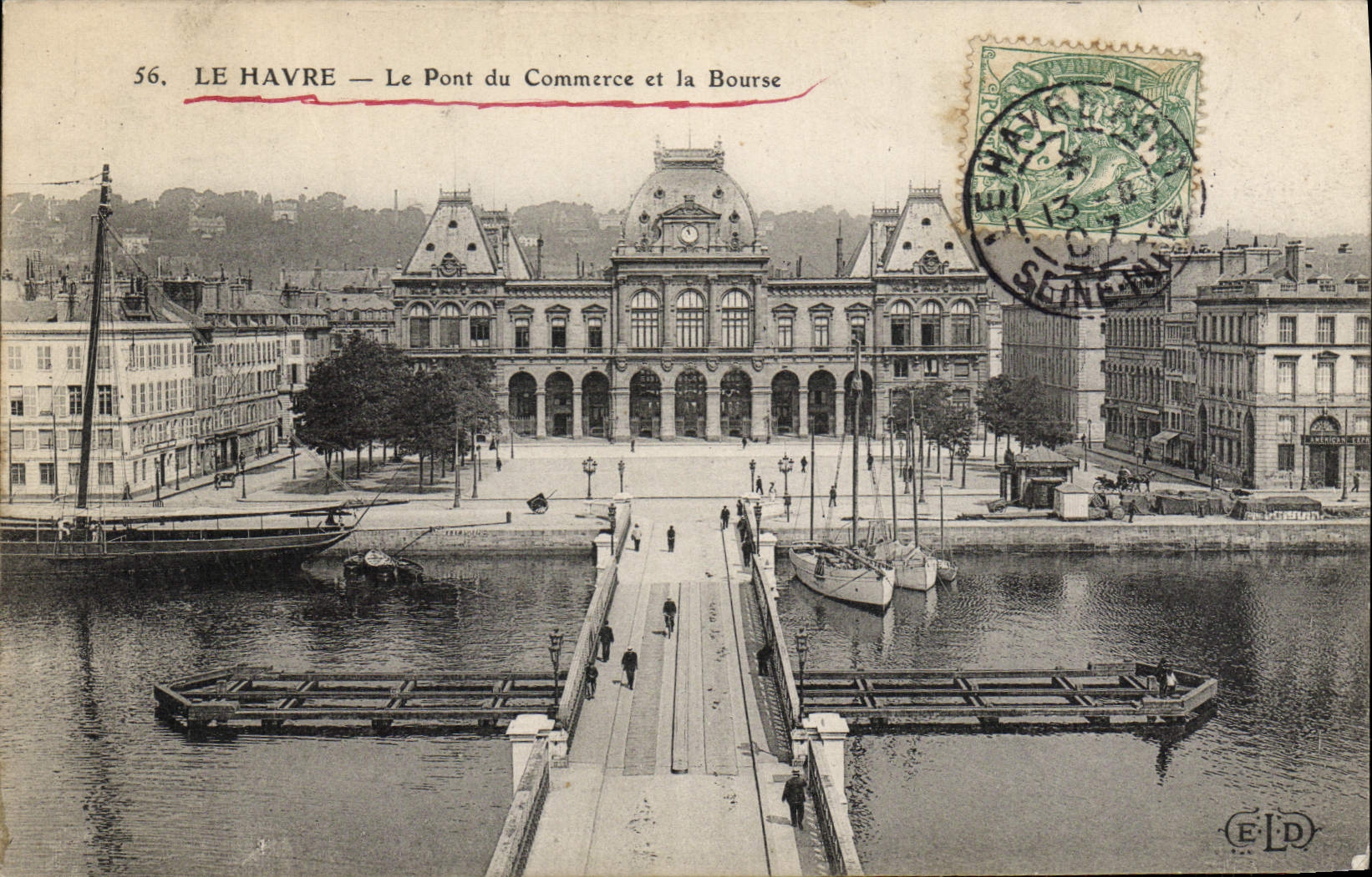 VINTAGE POSTCARD Le Havre the Bridge Commercial And the Stock Exchange Boat