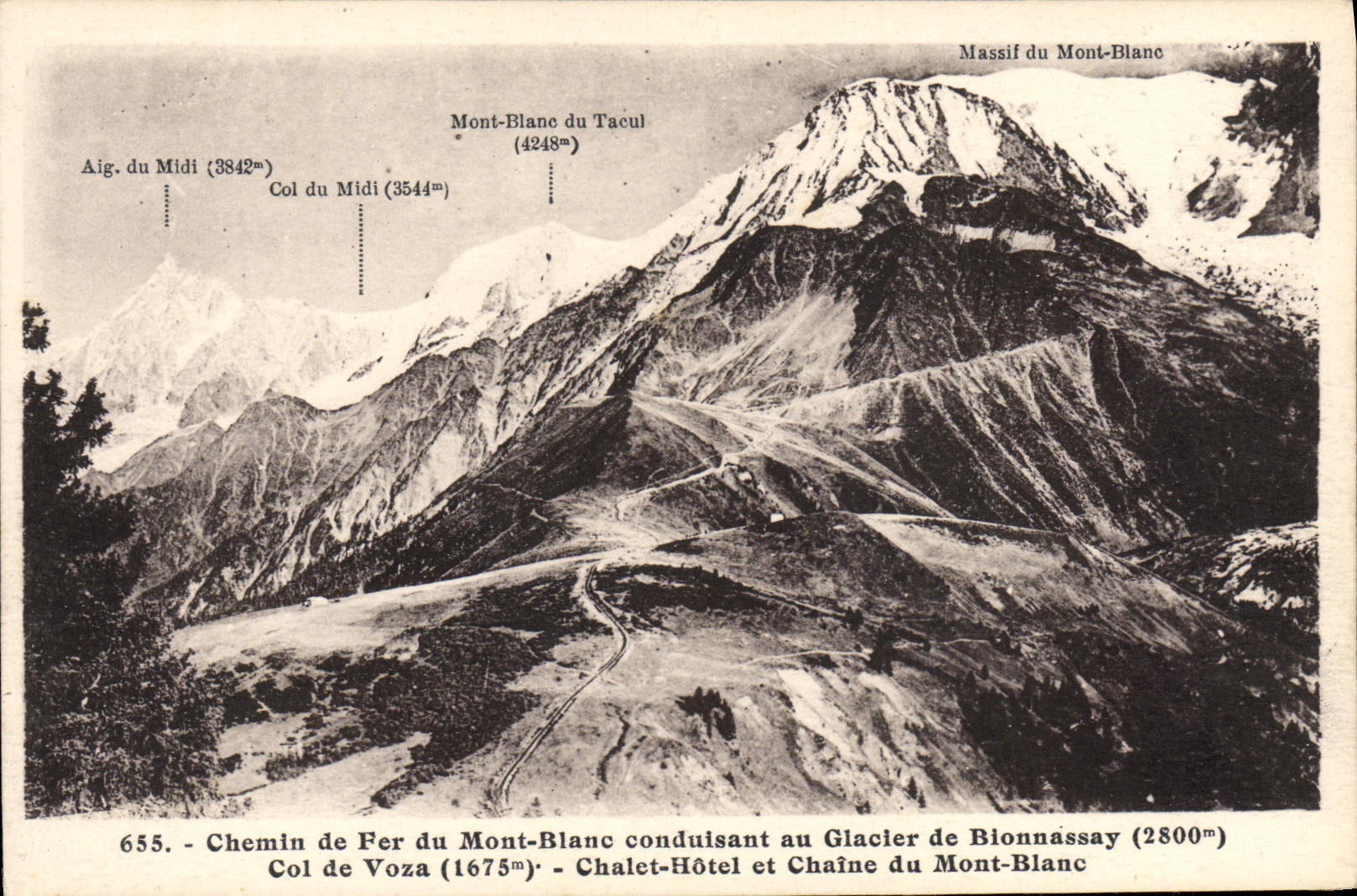 Ferrocarril de la POSTAL de la VENDIMIA de Chamonix Mont Blanc que lleva al glaciar del collar de Bionnassay del hotel de la cabaña del país de Voza y de la cadena del montaje