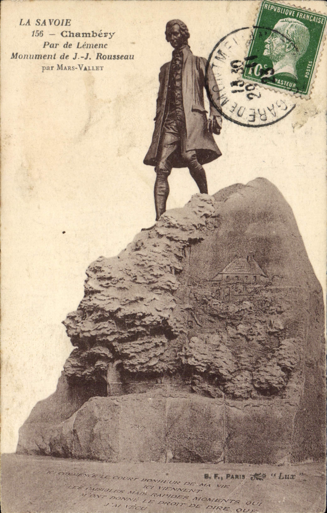 VINTAGE POSTCARD Chambéry Park of Lemenc Monument of JJ Rousseau