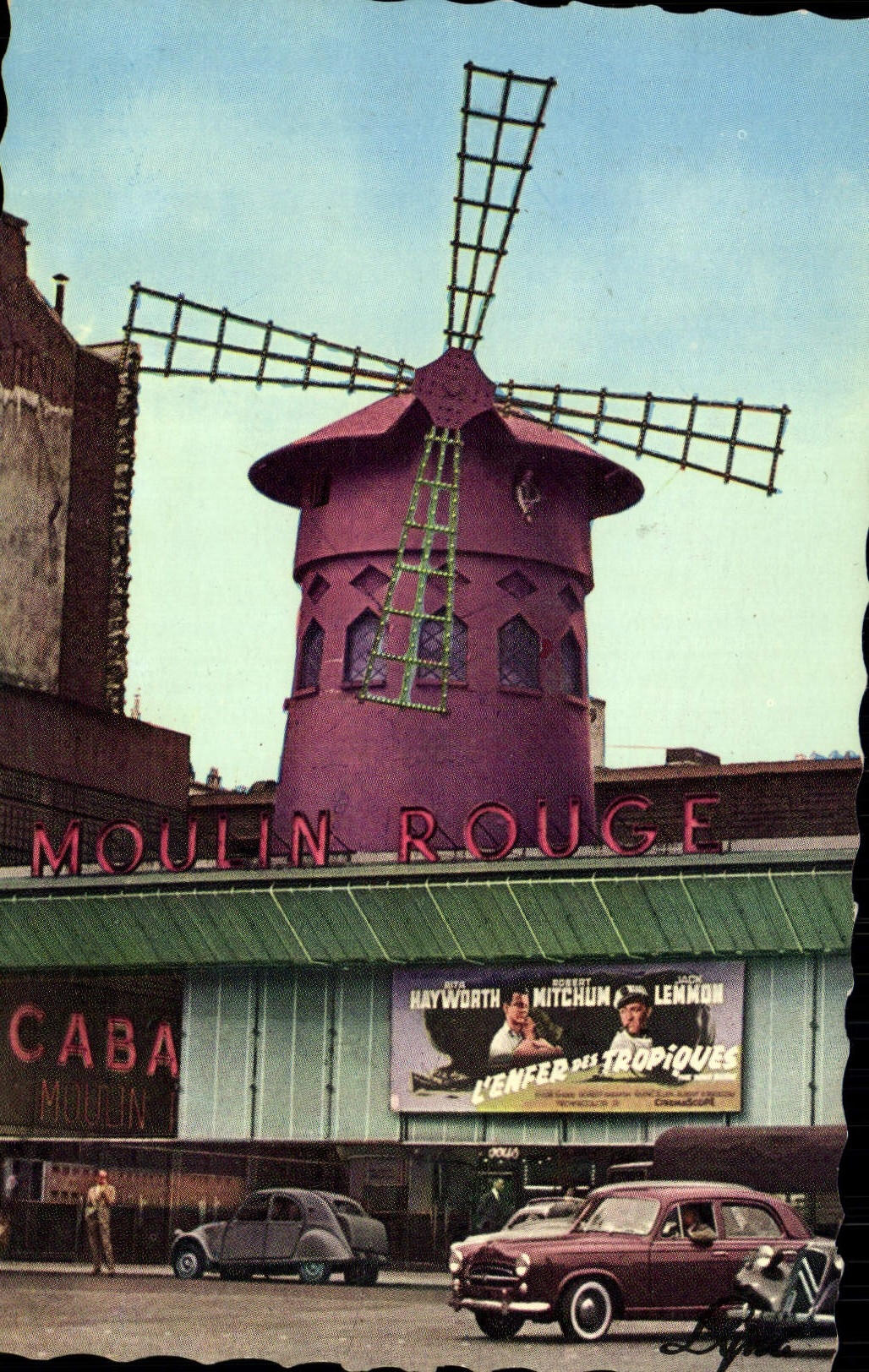 VINTAGE POSTCARD Paris the Automobile Moulin-Rouge Montmartre the hell of the Tropics Hayworth Mitchum Lemmon