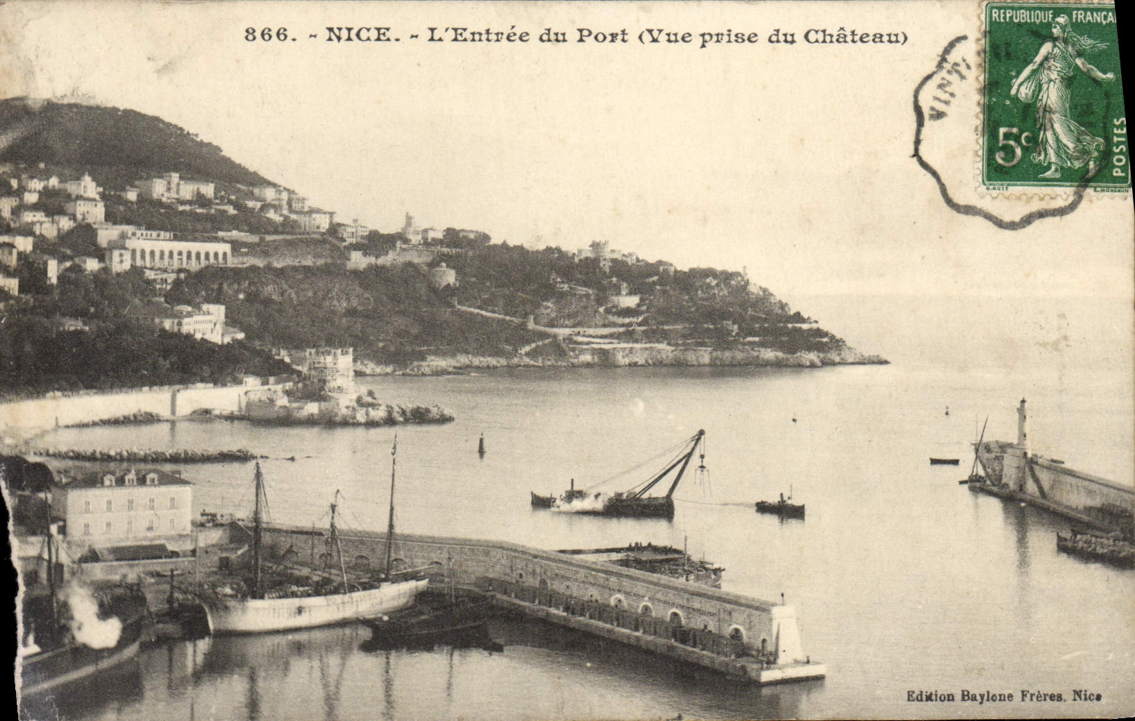 POSTAL de la VENDIMIA Niza la entrada del puerto vista de los barcos del castillo