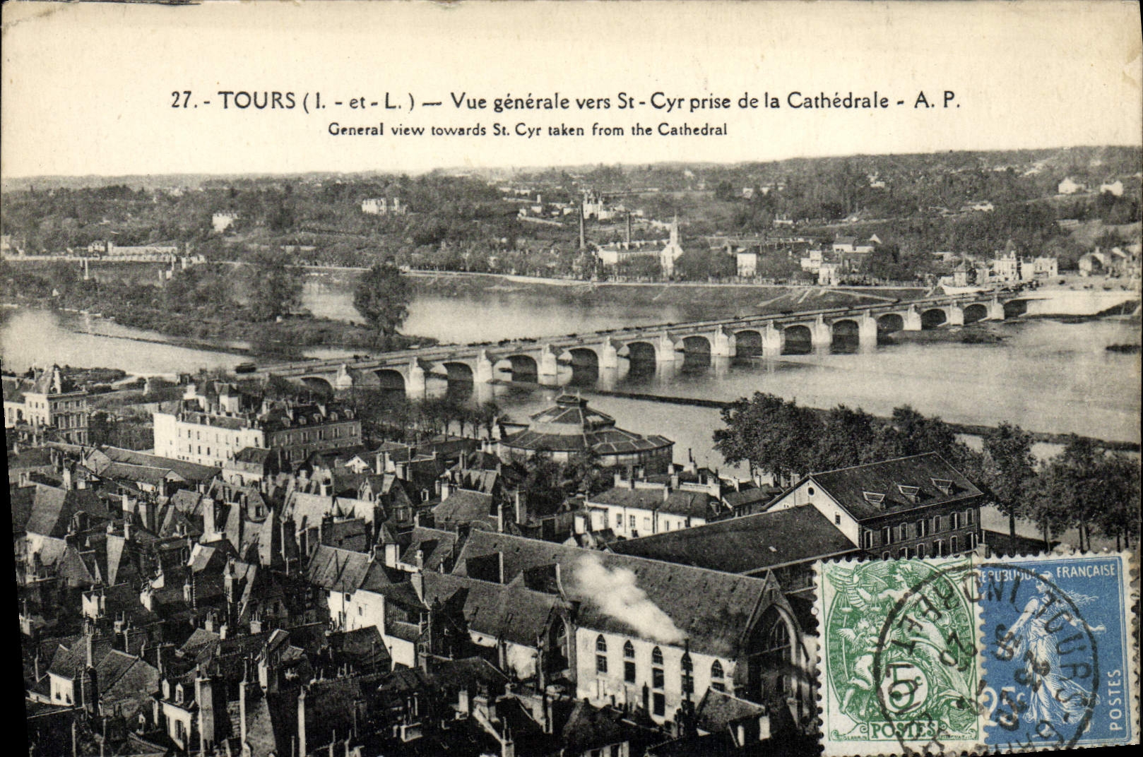 VINTAGE POSTCARD Tours View towards Cyr Saint Taken of the Cathedral