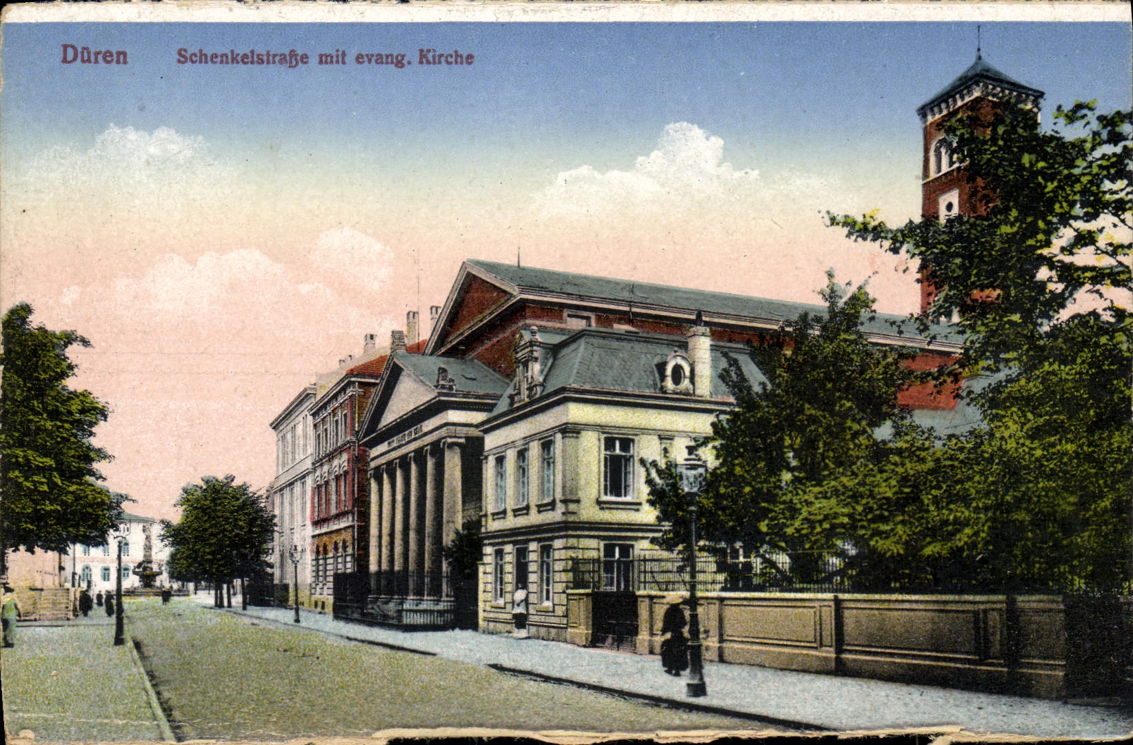 VINTAGE POSTCARD Duren Schenkelstrafse put evang Kirche