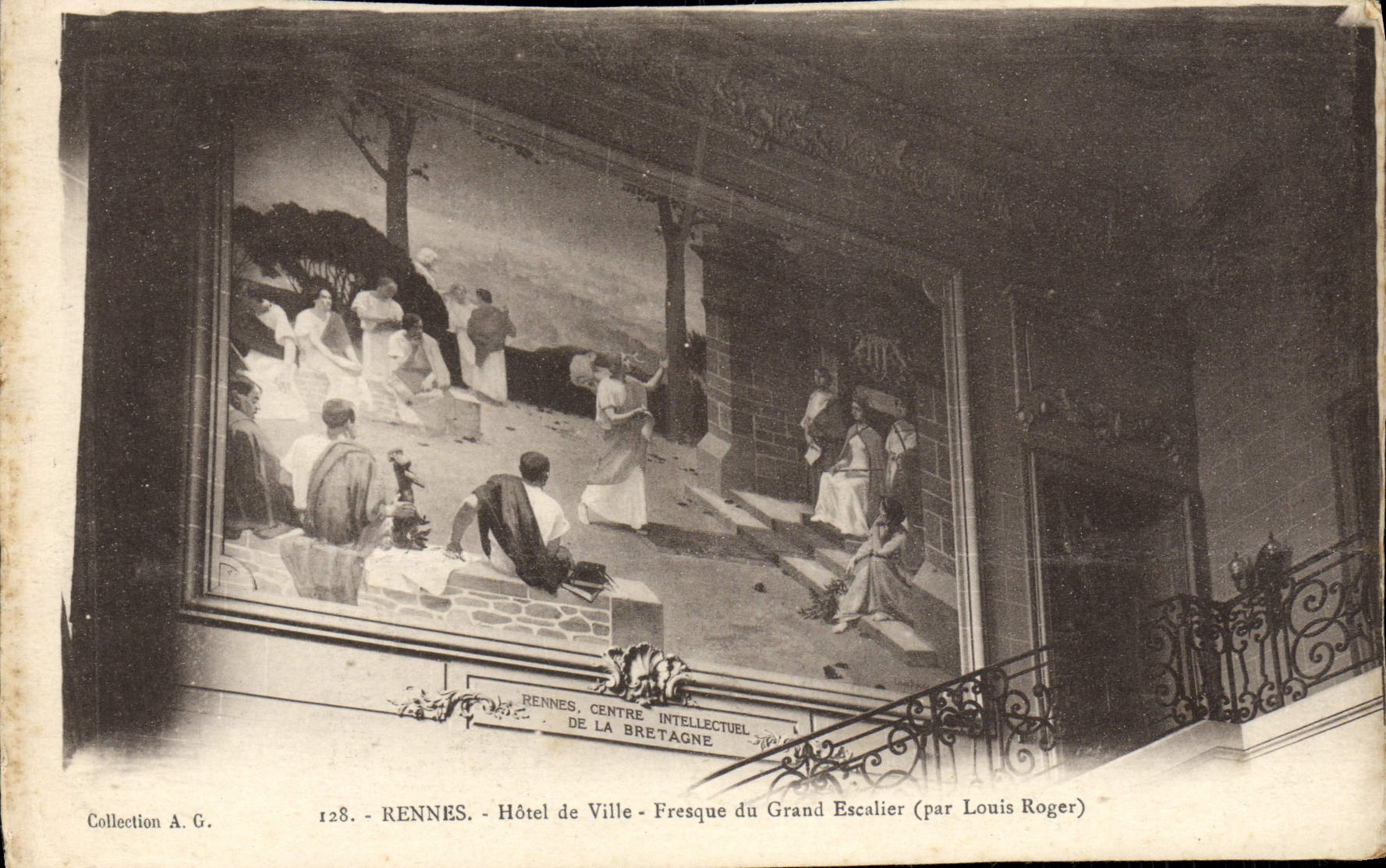 VINTAGE POSTCARD Rennes Town hall Fresco of the large staircase Louis Roger