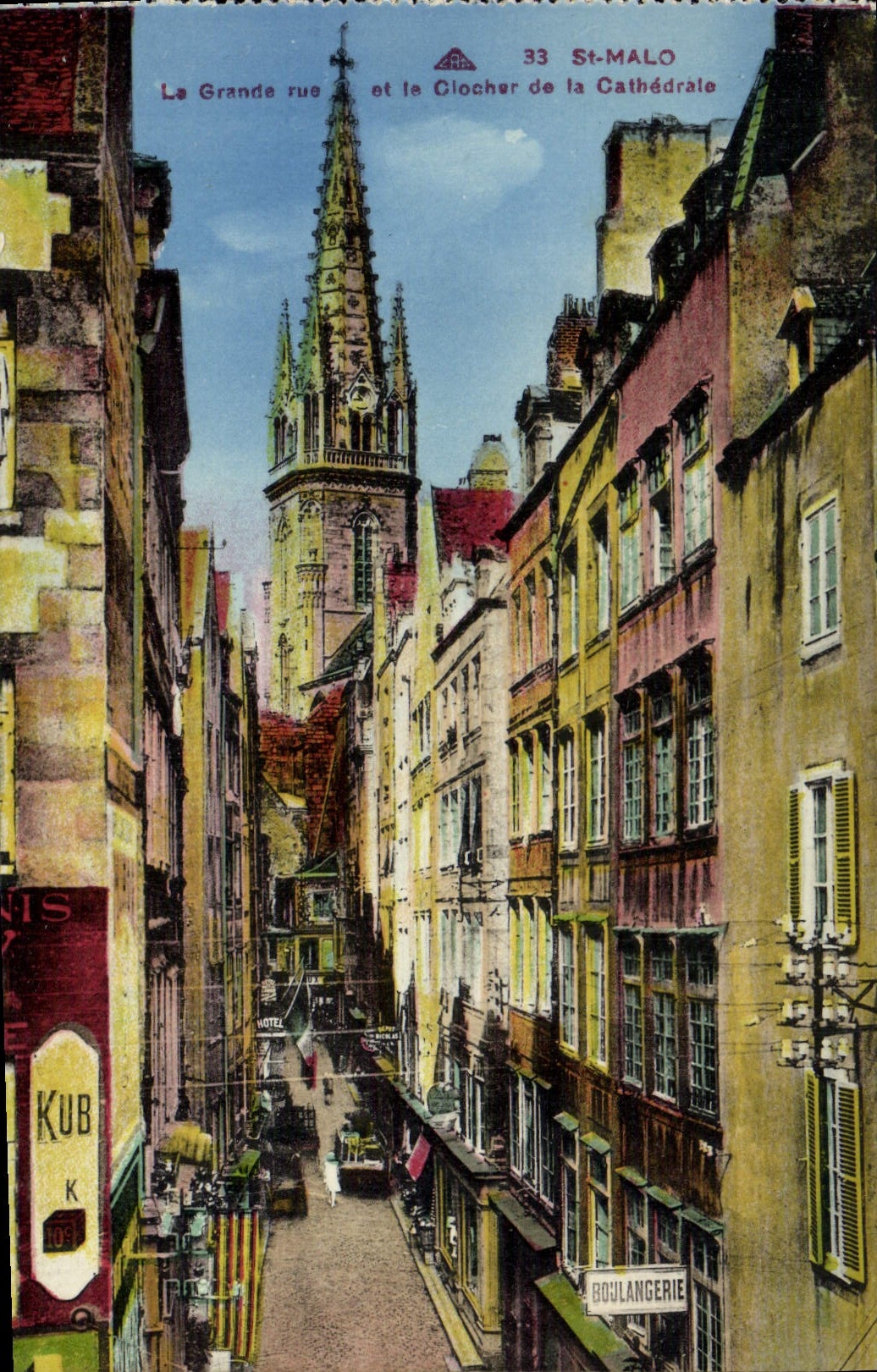 CPA Saint Malo La Grande rue et la Clocher de la Cathedrale Boulangerie 