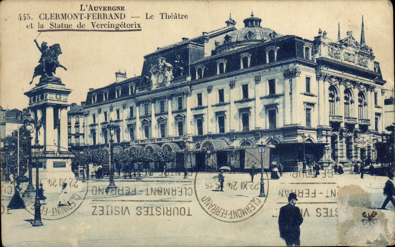 VINTAGE POSTCARD Auvergne Clermont Ferrand the theater and the statue of Vercingetorix