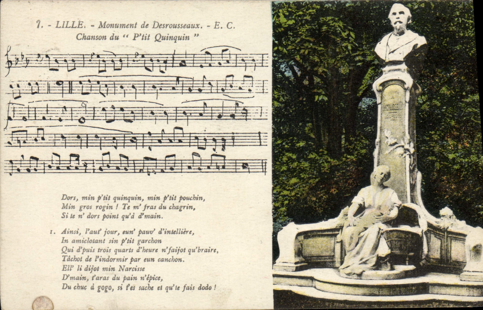 VINTAGE POSTCARD Lille Monument De Desrousseaux Song of Ptit Quinquin