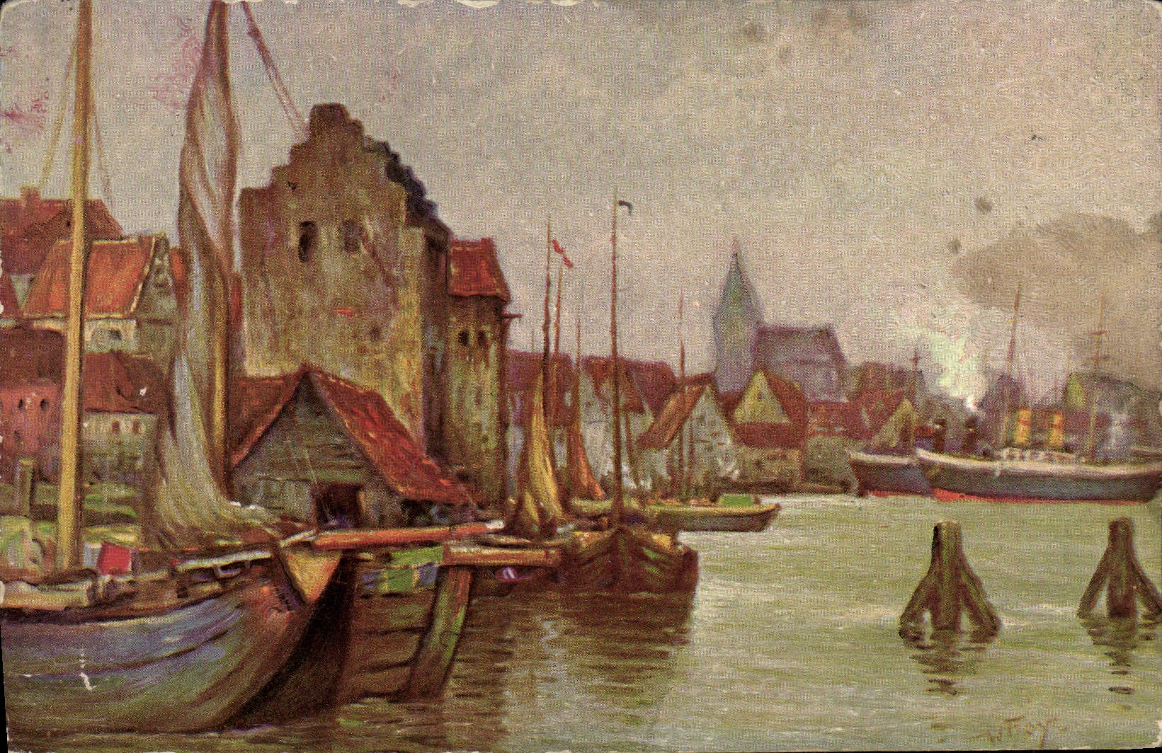 CPA Fantaisie W Hoy Alter hafen Bateaux