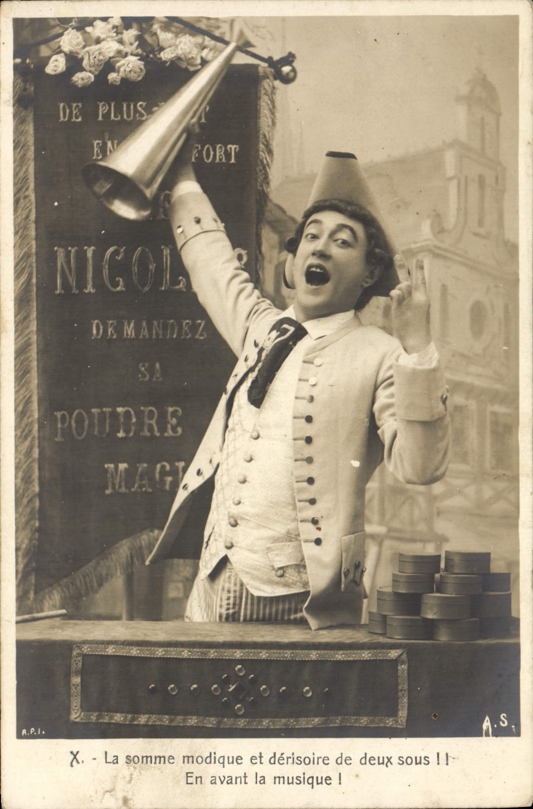 Vendedor ambulante del hombre de la fantasía de la POSTAL de la VENDIMIA