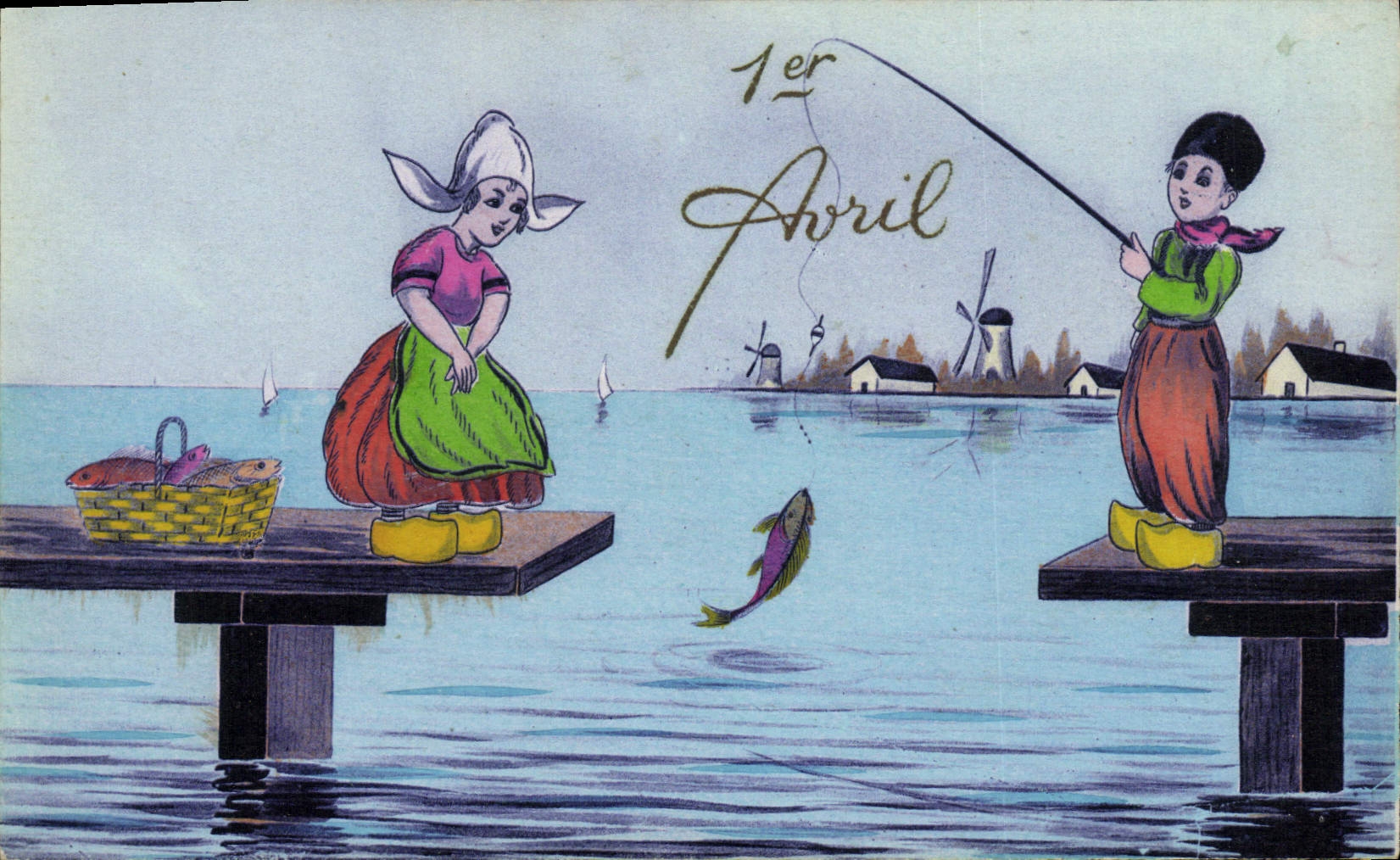 VINTAGE POSTCARD Fantasy Children April 1st Poisson Mill