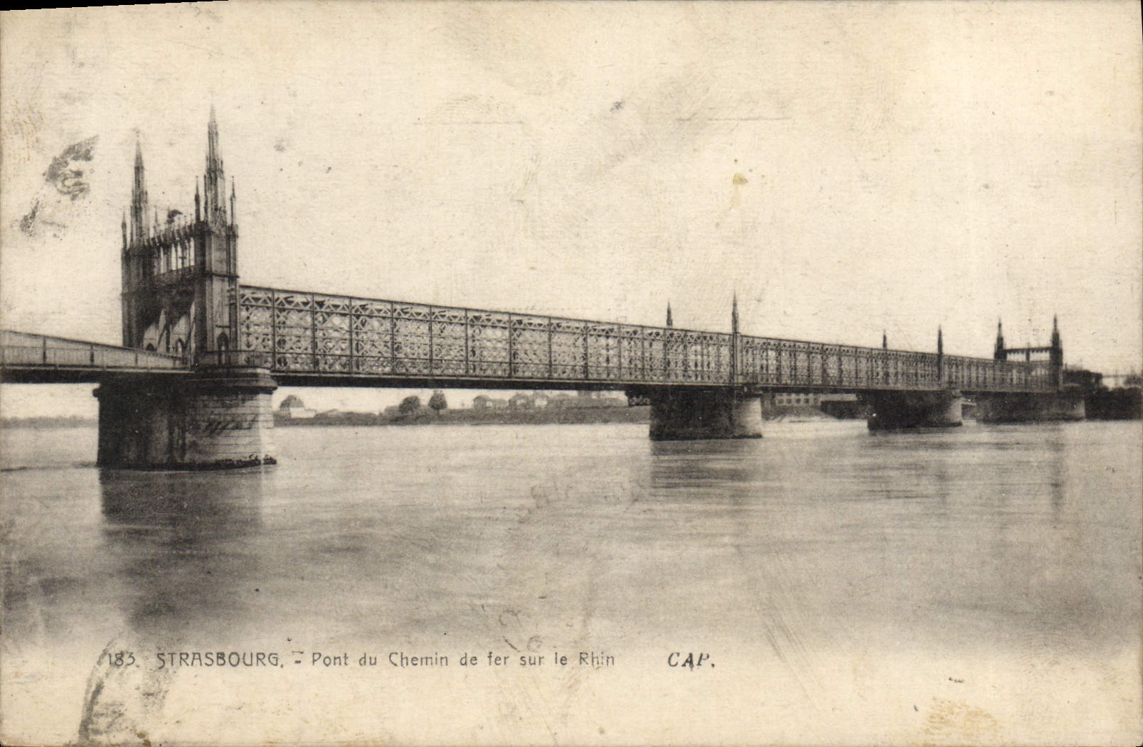 Puente de Strassburg de la POSTAL de la VENDIMIA del ferrocarril en el Rin