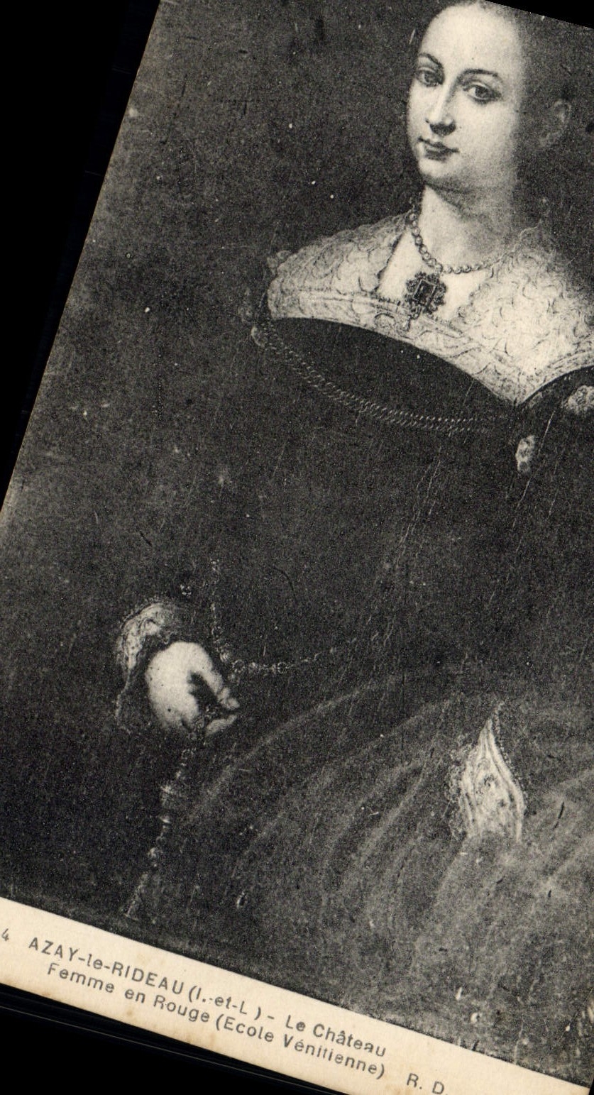 POSTAL Azay de la VENDIMIA la cortina la mujer del castillo en rojo