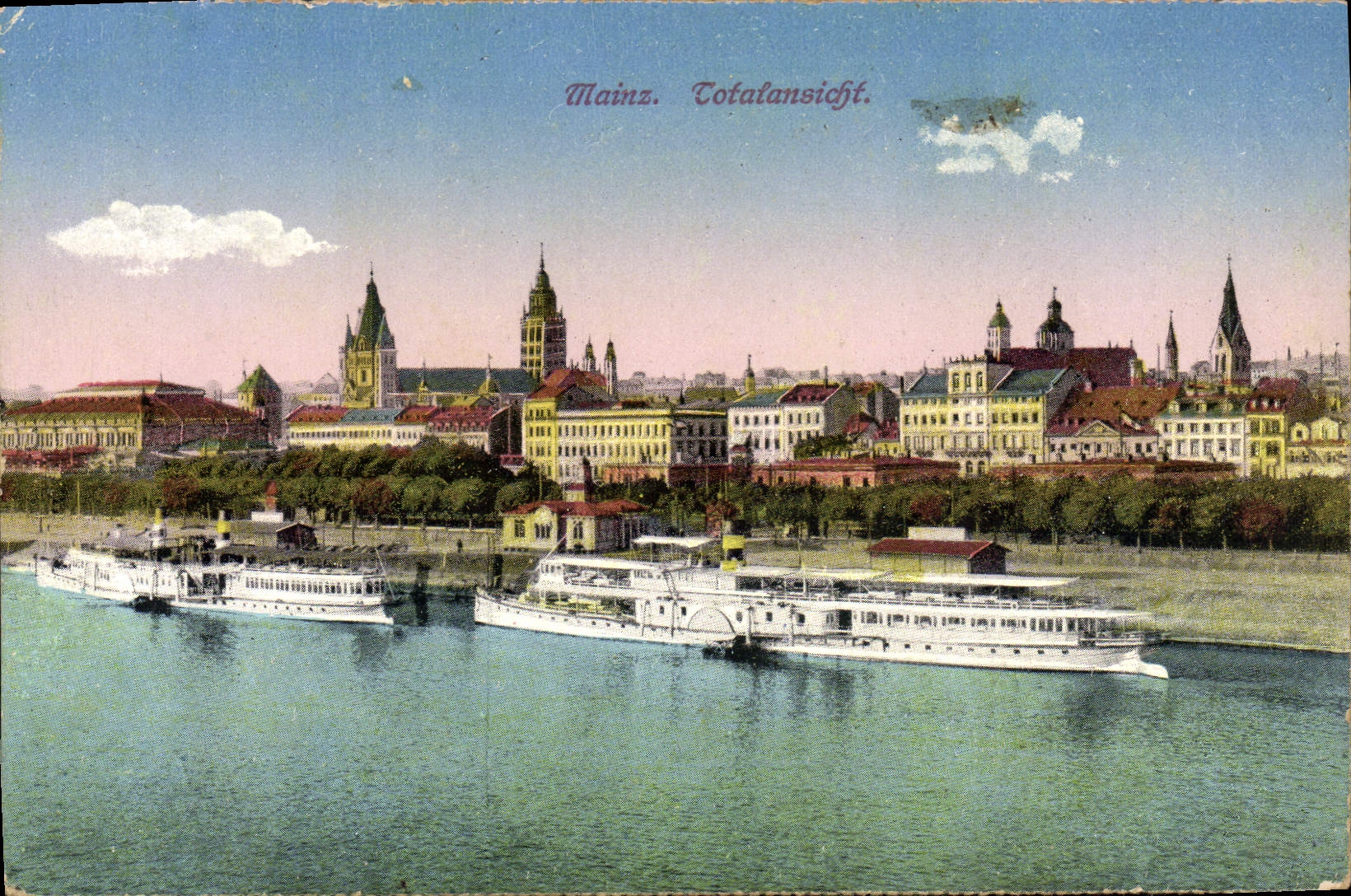 VINTAGE POSTCARD Mainz Totalansicht Boat