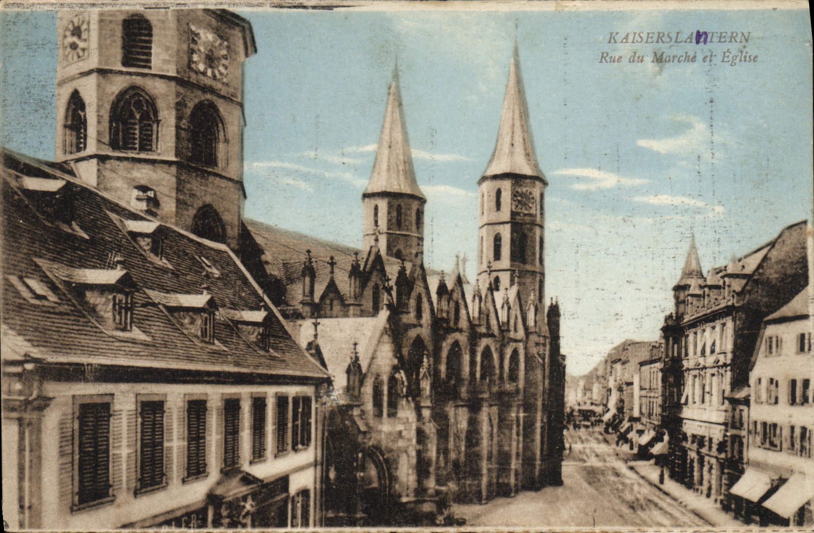 Calle de Kaiserslanlern de la POSTAL de la VENDIMIA del mercado y de la iglesia