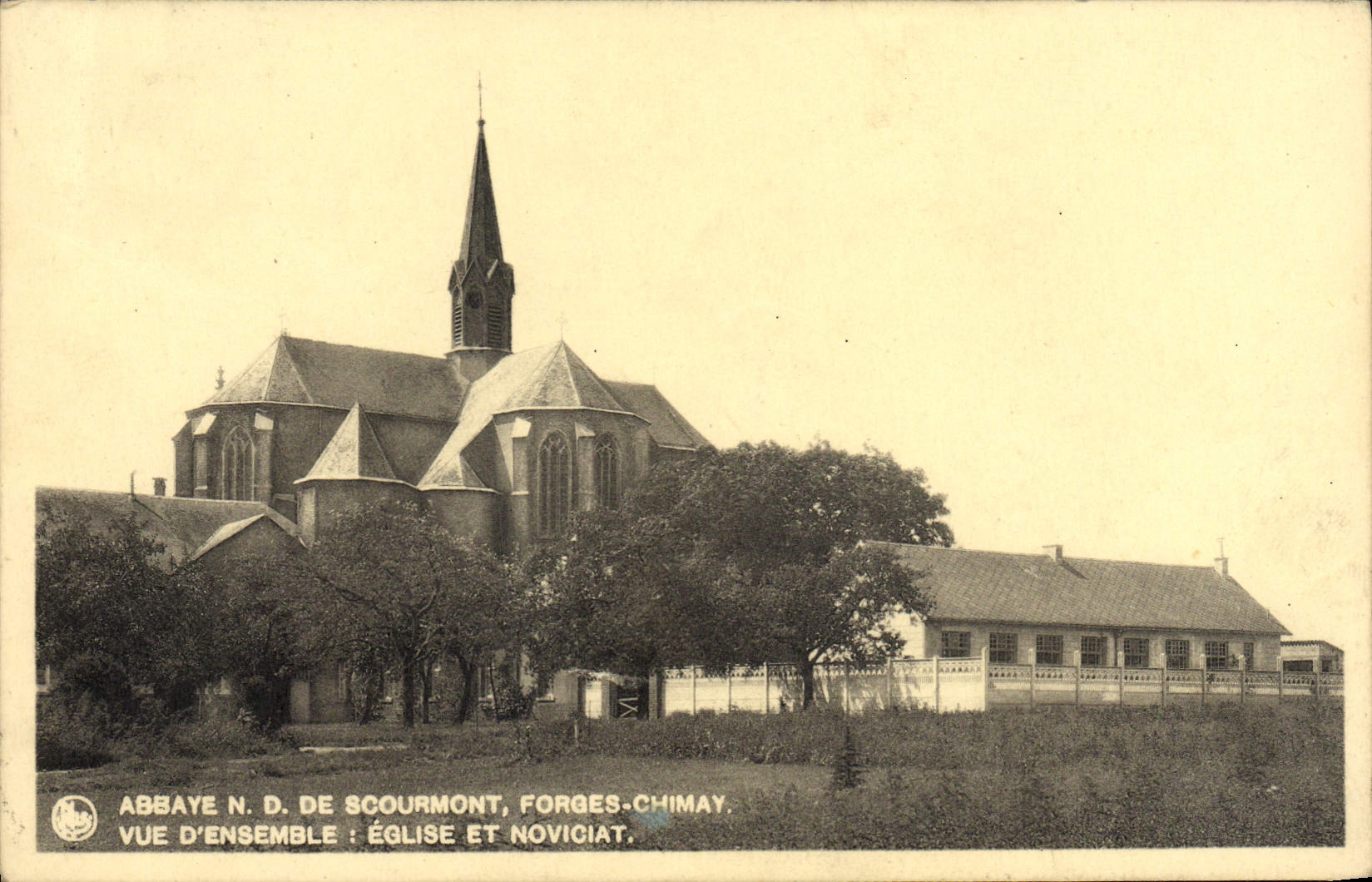 VINTAGE POSTCARD Abbey ND of Scourmont Chimay Forging mills Overall picture Church and Noviciate