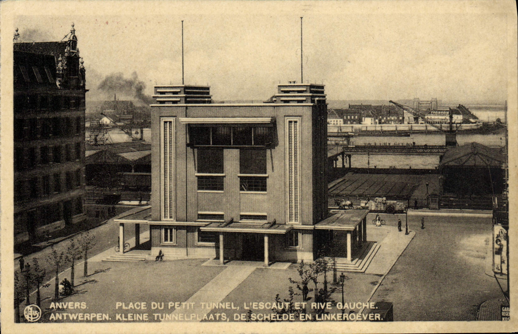 La POSTAL Amberes de la VENDIMIA coloca el pequeño túnel el Scheldt y el banco izquierdo