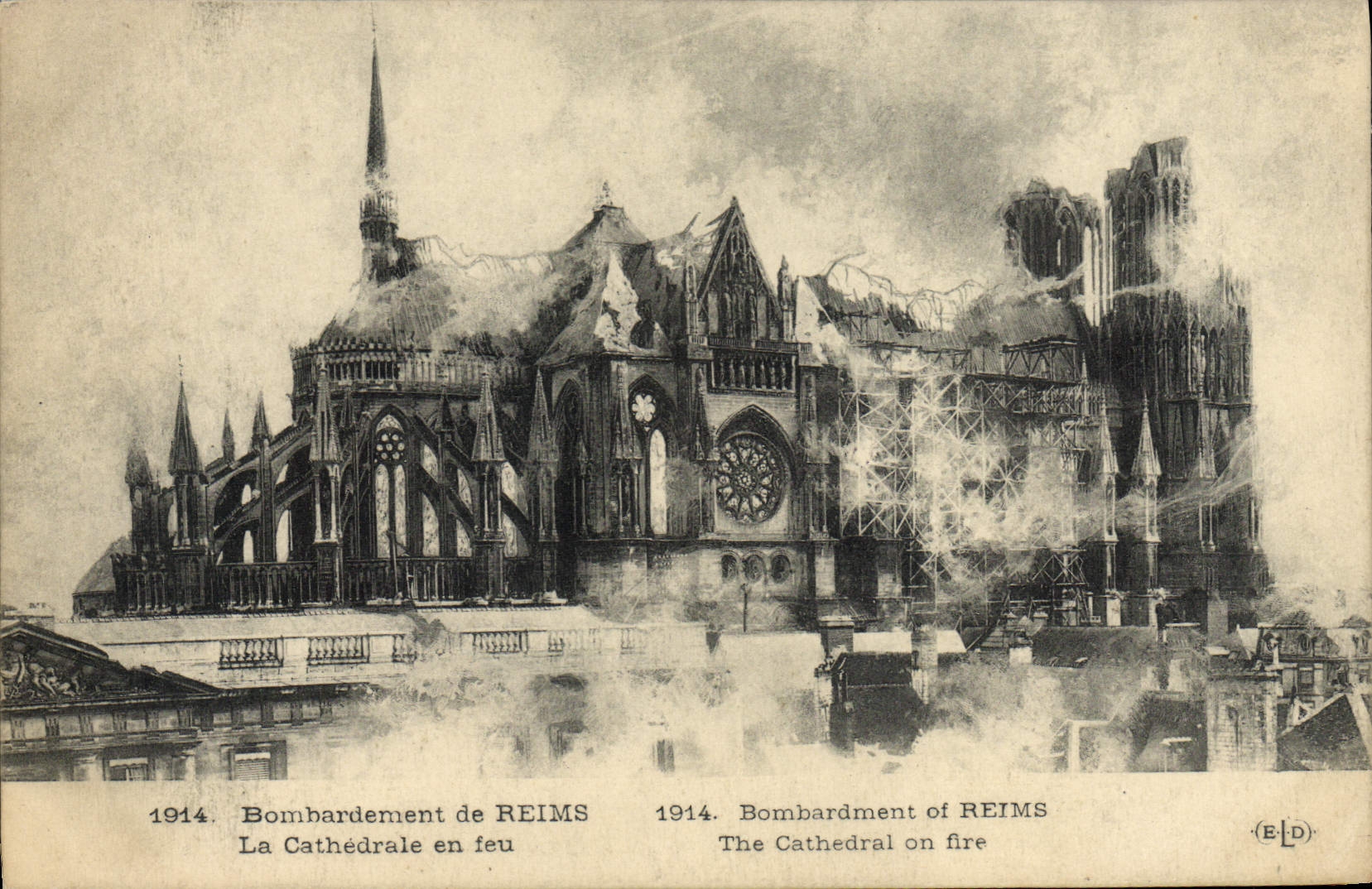 VINTAGE POSTCARD Rheims Bomhardement the cathedral on fire