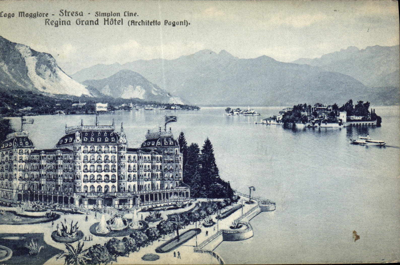 VINTAGE POSTCARD Lago Moggiore Stressed Simolon Line Regina Grand Hotel
